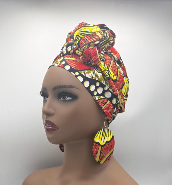 Red Jewelry Set for Women Ankara Wax Fabric Cotton Headscarf Fashion El…​​ Lekker Ethnic Kente Ankara Headwrap Infinity Choker Black  main image 3