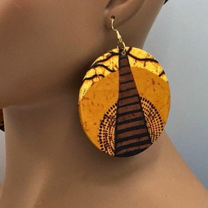 Brown & Gold African Earrings - Fabric Earrings - Ankara - Afrocentric - Wood - Big Large - Boho - Wooden Jewelry - Statment | Nubian Grace