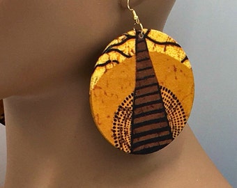 Brown & Gold African Earrings - Fabric Earrings - Ankara - Afrocentric - Wood - Big Large - Boho - Wooden Jewelry - Statment | Nubian Grace
