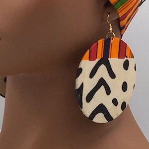 Mud Cloth Print African Print Earrings - Fabric Earrings - Ankara - Afrocentric - Wood - Big Large - Boho - Wooden Jewelry | Nubian Grace