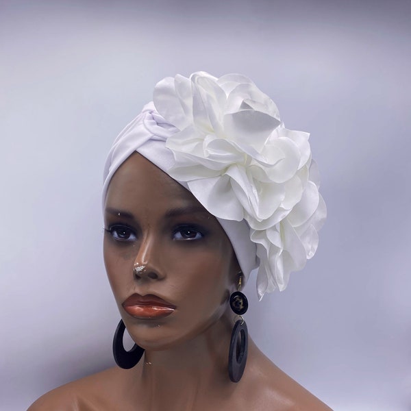 PRE-TIED Stretch Head Turban - Jersey Head Wrap - White Pre-Tied Head Wrap - African Turban - Head Wraps for Women | Nubian Grace