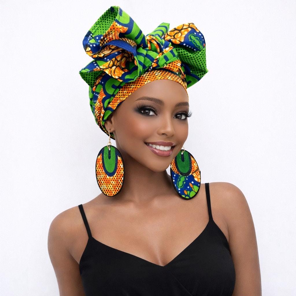 Hand Crafted Ankara African Print Headband/Scarf/Stole and Button Earrings Green African Print Headwrap, Green Ankara Set, Nigerian Fashion  main image 4