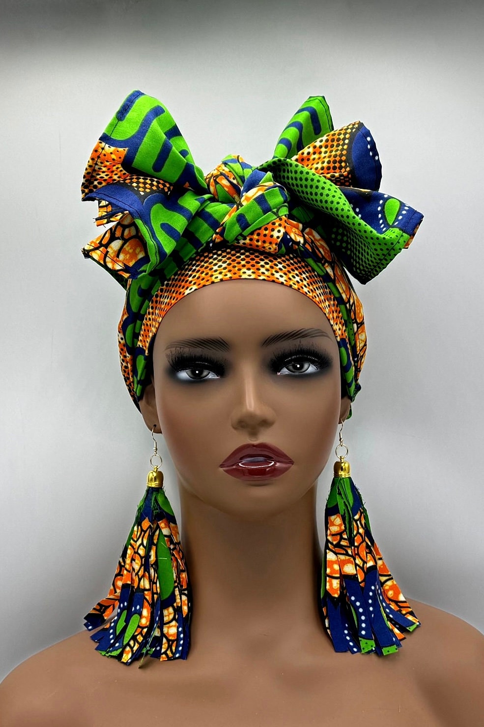 Green & Orange Ankara Head Wrap: African Turban Scarf With  display picture 1
