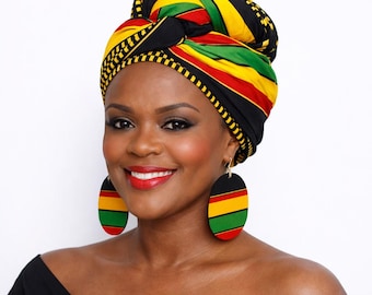 Black Kente Cloth Head Wrap: African Ankara Scarf & Earrings Set