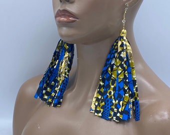 Blue Tassel Earrings - Fabric Earrings - Afrocentric - Big Earrings - Boho Earrings - Tassel Earrings - Statement | Nubian Grace