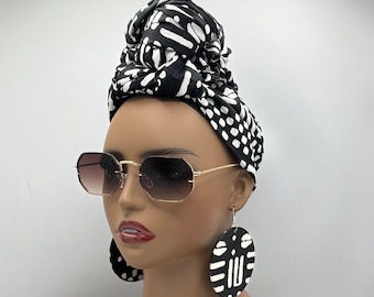 Black & White Tribal Luxury African Head Wrap - African Scarf - African Turban - Head Wraps for Women - Earrings - Headwrap | Nubian Grace