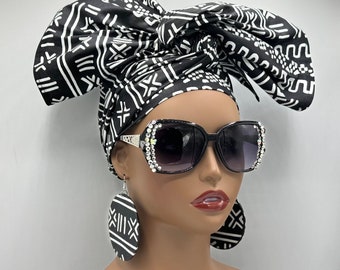 Black & White Tribal Luxury African Head Wrap - African Scarf - African Turban - Head Wraps for Women - Earrings - Headwrap | Nubian Grace