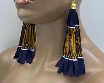 Navy Blue & Gold Tassel Earrings - Fabric Earrings - Afrocentric - Big Earrings - Boho Earrings - Tassel Earrings - Statement | Nubian Grace