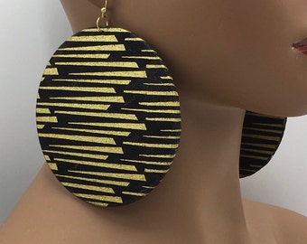 Black & Gold African Earrings - Fabric Earrings - Ankara - Afrocentric - Wood - Big Large - Boho - Wooden Jewelry - Statement | Nubian Grace