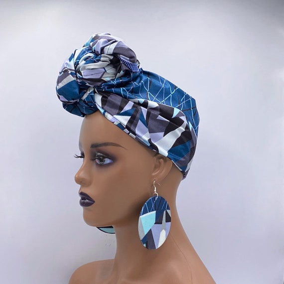 African Wax Print Head Wrap – Teal, Grey, & Silver Turban - Etsy display picture 1