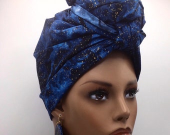 Blue & Gold African Head Wrap - African Scarf - African Turban - Head Wraps for Women - Hair Wrap - Large Earrings - Headwrap | Nubian Grace