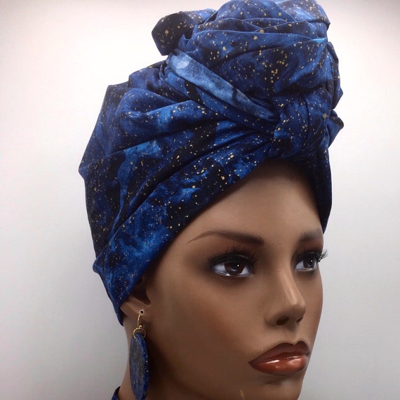 Blue & Gold Head Wrap: Cotton African Turban Scarf - Etsy display picture 1