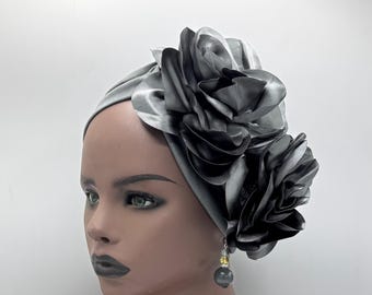 PRE-TIED Stretch Head Turban - Jersey Head Wrap - Gray Pre-Tied Head Wrap - African Turban - Head Wraps for Women | Nubian Grace
