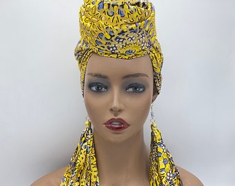 Gold Metallic African Head Wrap - African Scarf - African Turban - Head Wraps for Women - Hair Wrap - Headwrap - Earrings | Nubian Grace