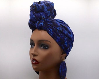 Blue African Head Wrap - African Scarf - African Turban - Head Wraps for Women - Hair Wrap - Headwrap - Big African Earrings | Nubian Grace