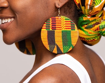 Kente African Earrings - Fabric Earrings - Ankara - Afrocentric - Wood - Big Large - Boho - Wooden Jewelry | Nubian Grace