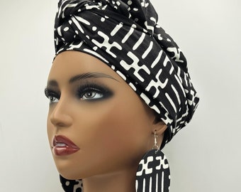 Black & White Tribal Luxury African Head Wrap - African Scarf - African Turban - Head Wraps for Women - Earrings - Headwrap | Nubian Grace