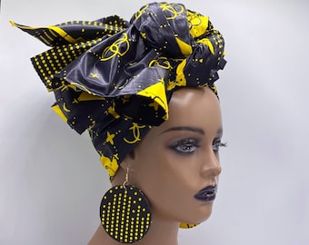Black & Yellow Ankara Head Wrap: African Cotton Scarf