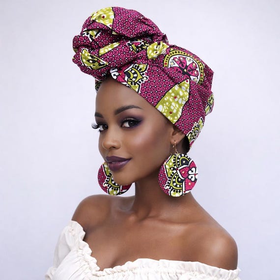 Pink and Black Patterned Ruched Turban Headwrap Woeoe Floral Turban Head Wrap Pink Pattern African Head  main image 2