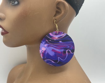 Purple Kaleidoscope Fabric Earrings - African Earrings - Ankara - Afrocentric - Wood - Big Large - Boho - Wooden Jewelry - Statement | Nubia