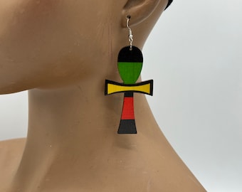 Ankh Pan African Wooden Earrings - Laser Cut Wood Earrings - Afrocentric Earrings - Rasta Earrings - Big - Large - Lazer Cut | Nubian Grace