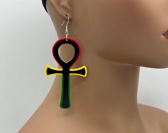 Ankh Pan African Wooden Earrings - Laser Cut Wood Earrings - Afrocentric Earrings - Rasta Earrings - Big - Large - Lazer Cut | Nubian Grace