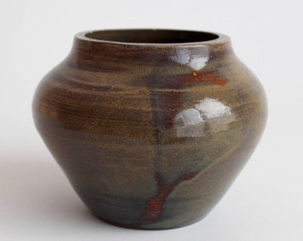 vintage green-brown small rotund vase
