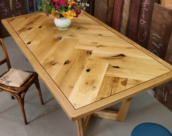 Dining table "Richard" made of rustic solid wild oak in herringbone design