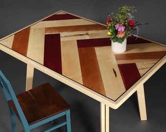 Dining table "Lieselotte" made of maple, cherry tree and precious woods in herringbone design