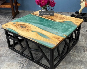 "Gunilla" coffee table in chestnut wood and epoxy resin with abstract leg construction