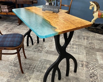 Malik desk in olive wood and blue epoxy with mangrove style legs