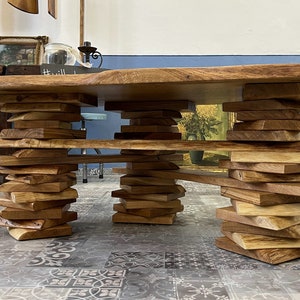 Coffee table Trequercus made of wild oak with tree edge and stacked legs image 2