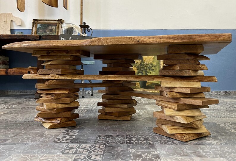 Coffee table Trequercus made of wild oak with tree edge and stacked legs image 2