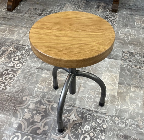 Round Bar Stool in Bauhaus Style Made of Solid Oak Wood and Steel