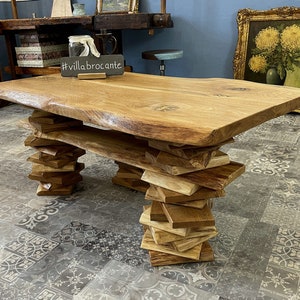 Coffee table Trequercus made of wild oak with tree edge and stacked legs image 1