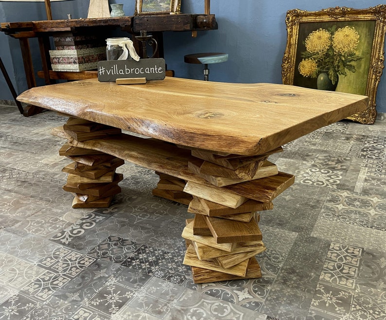 Coffee table Trequercus made of wild oak with tree edge and stacked legs image 1