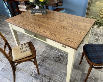 Kitchen table "Arthur" made of dark oak wood and beige-green design