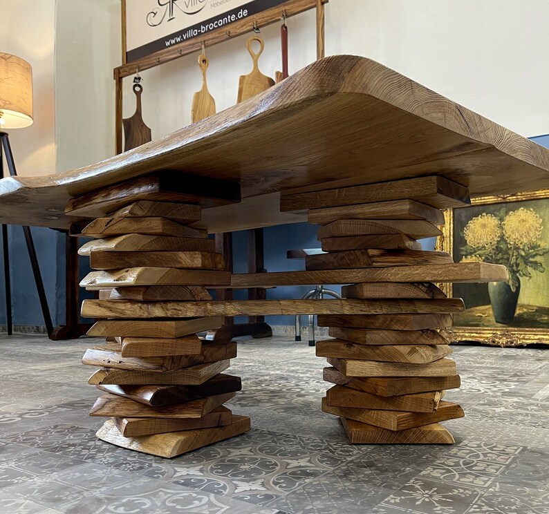 Coffee table Trequercus made of wild oak with tree edge and stacked legs image 3