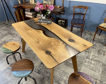 Dining table "Thoraq" made of rustic wild oak and grey-transposed epoxy resin