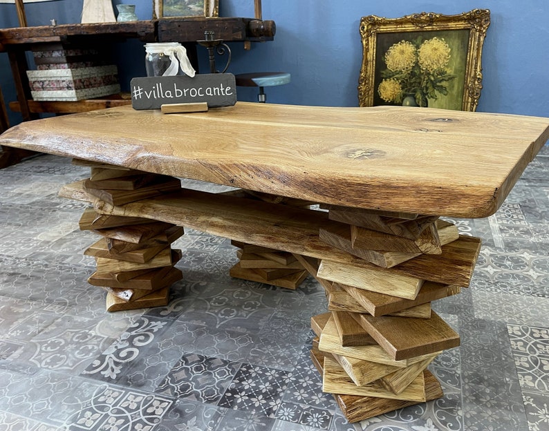 Coffee table Trequercus made of wild oak with tree edge and stacked legs image 10