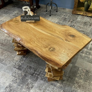 Coffee table Trequercus made of wild oak with tree edge and stacked legs image 8