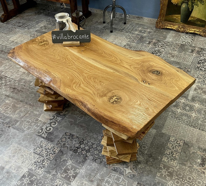 Coffee table Trequercus made of wild oak with tree edge and stacked legs image 8