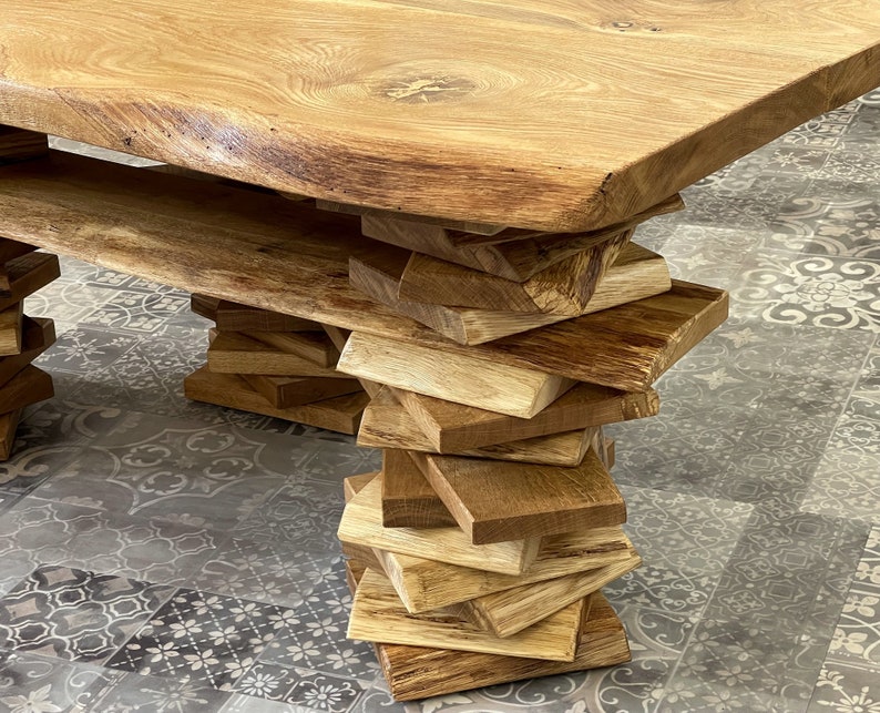 Coffee table Trequercus made of wild oak with tree edge and stacked legs image 4