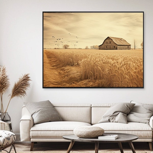 Weathered Barn with Gambrel style roof in wheat field with overcast sky