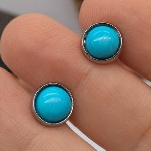 Handmade Carved Genuine Kingman Mine Blue Turquoise Stainless Steel Stud Earrings ~ United States Origin