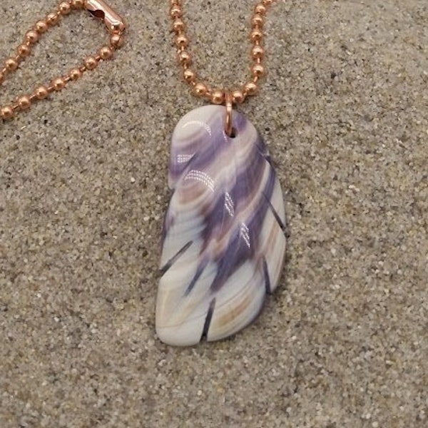 Hand Carved Genuine Massachusetts Quahog Wampum Feather Pendant on a 22" Copper Bead Chain Necklace