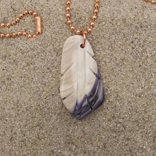 Hand Carved Genuine Massachusetts Quahog Wampum Feather Pendant on a 22" Copper Bead Chain Necklace