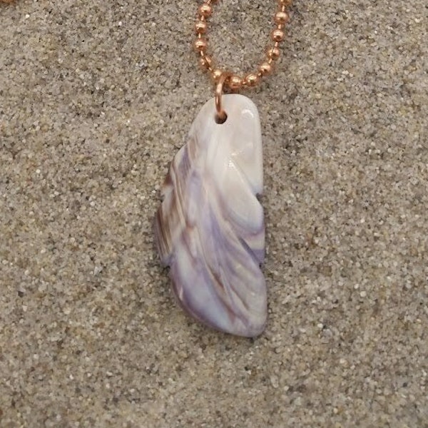 Hand Carved Genuine Massachusetts Quahog Wampum Feather Pendant on a 20" Copper Bead Chain Necklace