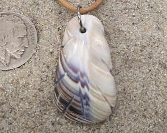 Hand Carved Genuine Massachusetts Quahog Wampum Feather Pendant on a 23&quot; Tan Leather Cord ~ Eastern Woodlands Style Regalia