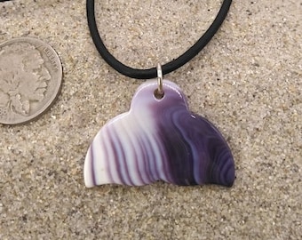 Handmade Carved Genuine Quahog Wampum Whale Tail Pendant Necklace w/ Sterling Silver Jump Ring on Black Leather Cord ~ Sizes 22&quot; & 24&quot;